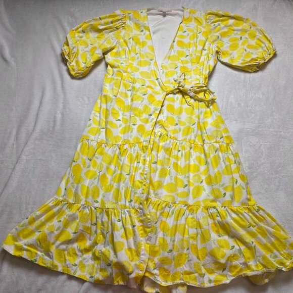 Plus 1X Hutch x Anthropologie lemon print tiered wrap midi dress - Picture 1 of 15